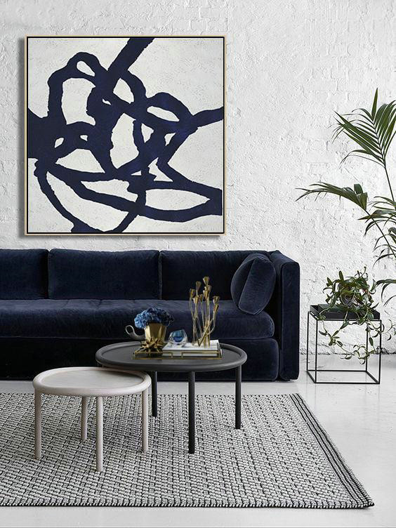 Abstract Painting Extra Large Canvas Art,Hand Painted Navy Minimalist Painting On Canvas,Huge Abstract Canvas Art